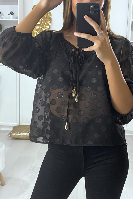 Black blouse with front lace and shiny pattern - 4