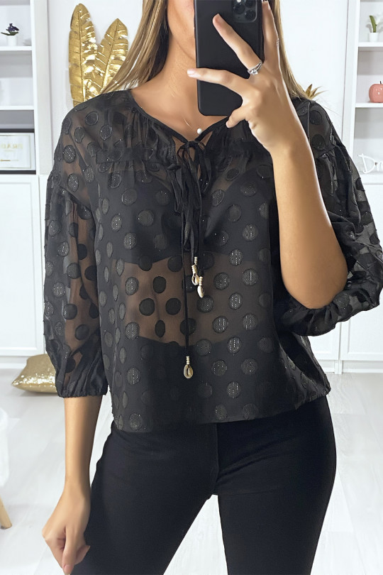 Zwarte blouse met aan de voorkant kant en glanzend patroon - 2