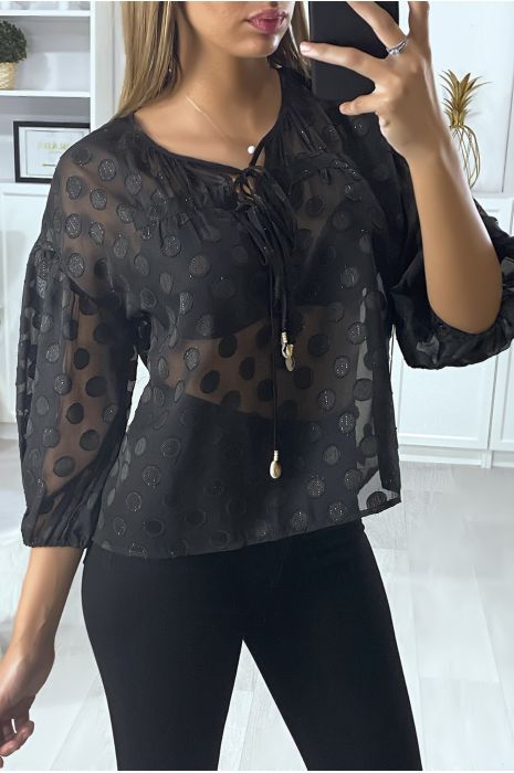 Black blouse with front lace and shiny pattern - 3