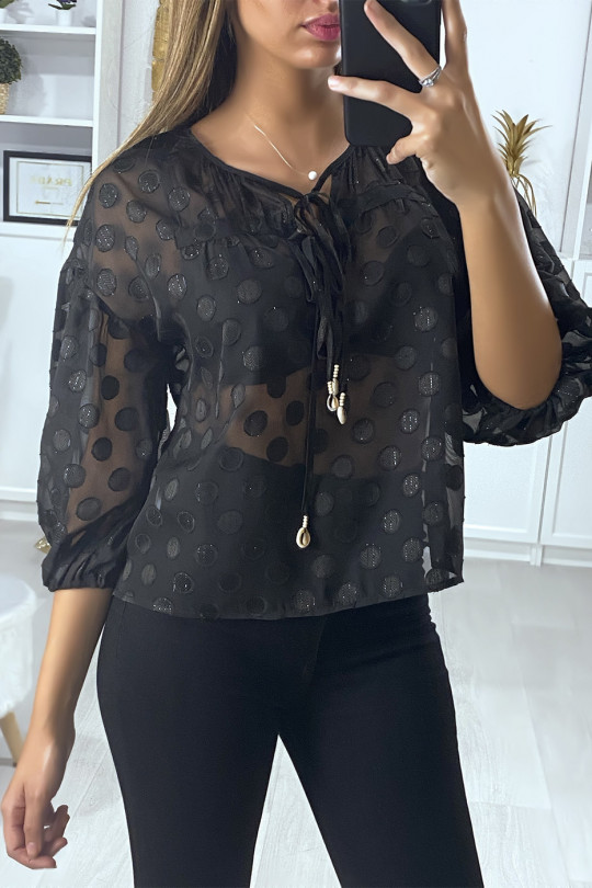 Black blouse with front lace and shiny pattern - 1