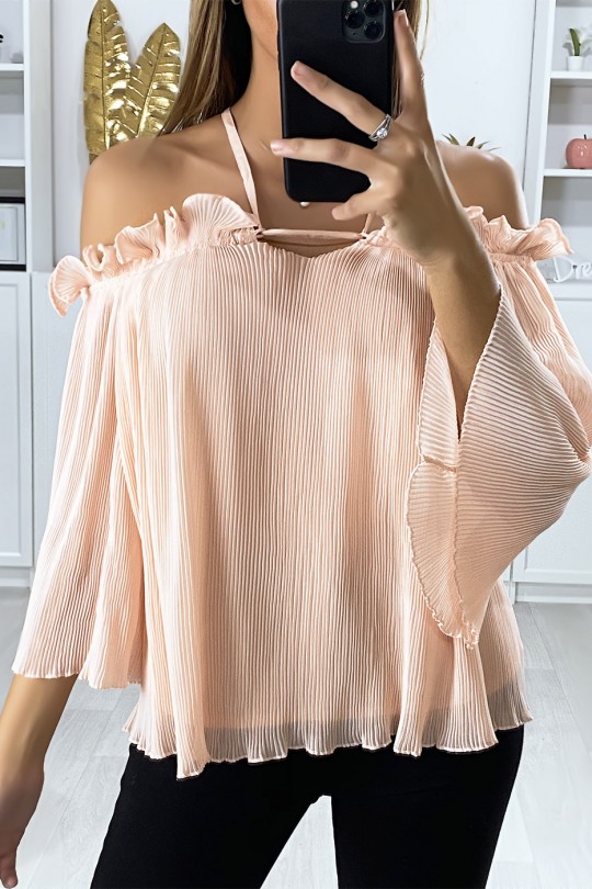 Pink pleated boat neck blouse with frills - 1