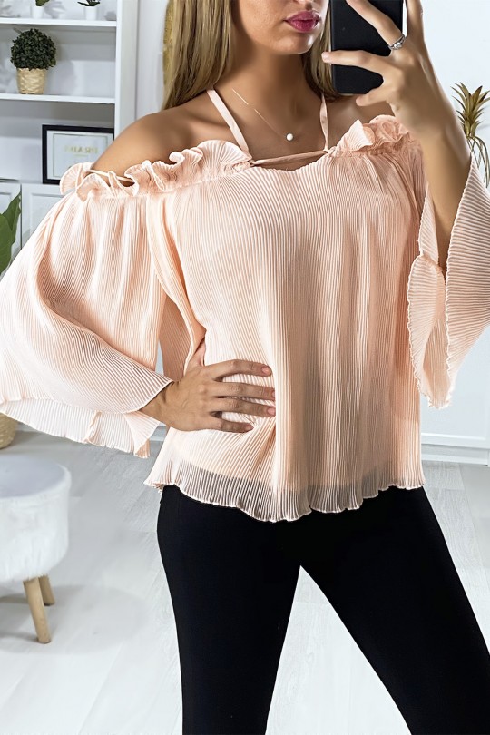 Pink pleated boat neck blouse with frills - 2