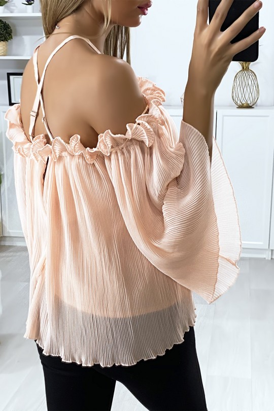 Pink pleated boat neck blouse with frills - 4