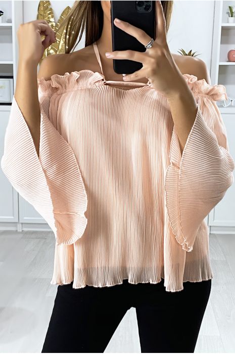 Pink pleated boat neck blouse with frills - 3
