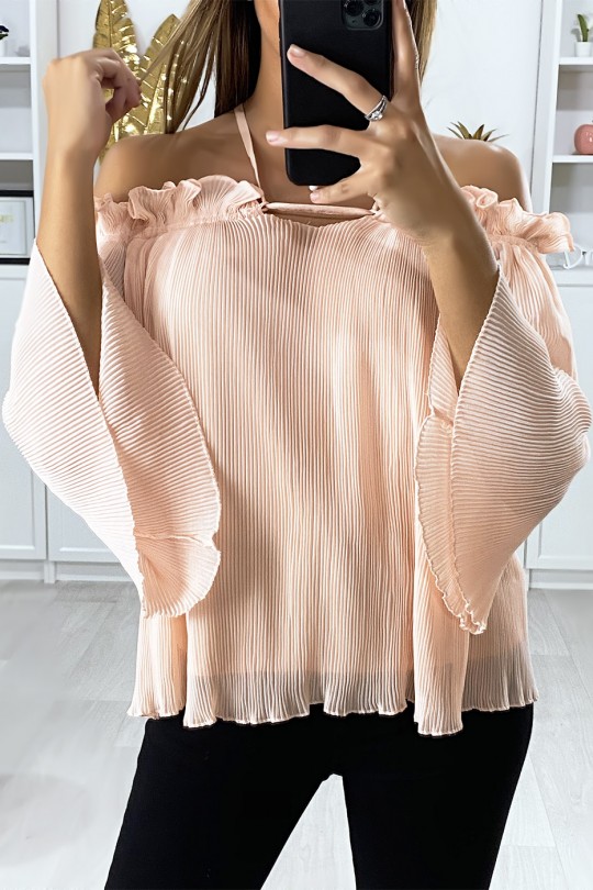 Pink pleated boat neck blouse with frills - 3