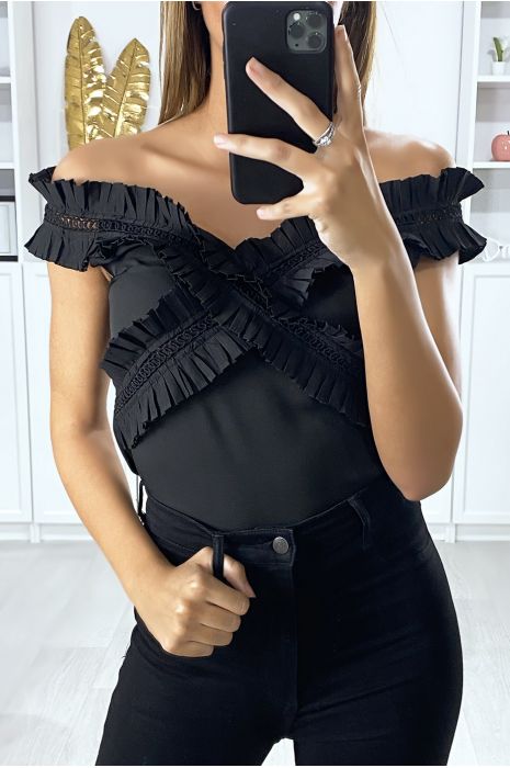 Black bodysuit crossed front with dropped pleated collar - 1