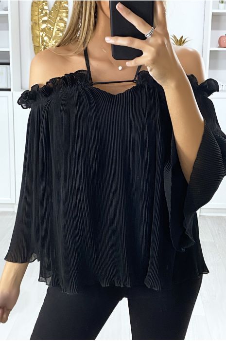 Blouse noir plissé col bateau avec froufrou - 2
