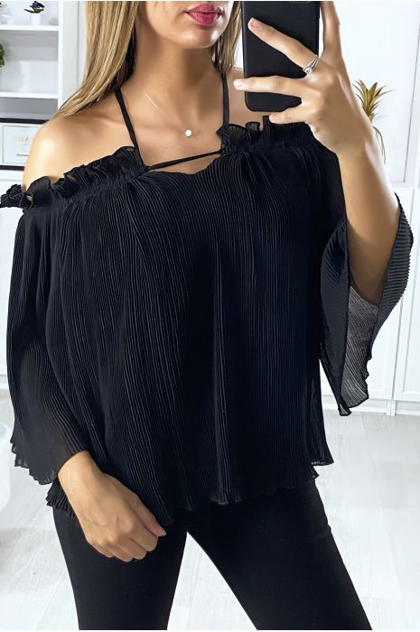 Blouse noir plissé col bateau avec froufrou - 1