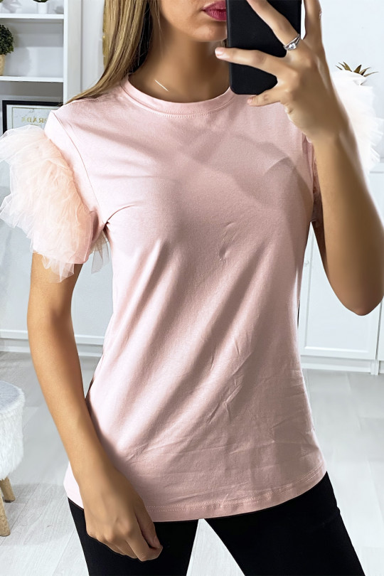 Roze t-shirt met mouwen van tule met stroken - 2