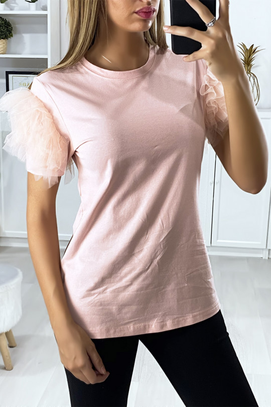 Roze t-shirt met mouwen van tule met stroken - 3