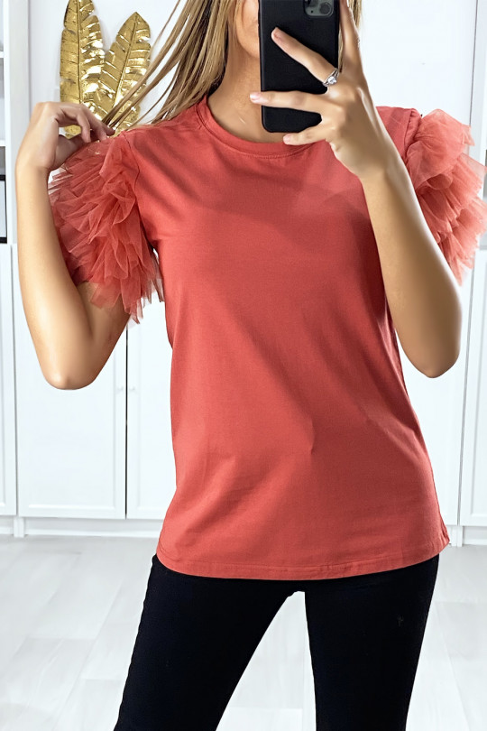 T-shirt rouge avec manches froufrou en tulle - 2
