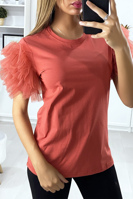 T-shirt rouge avec manches froufrou en tulle - 3