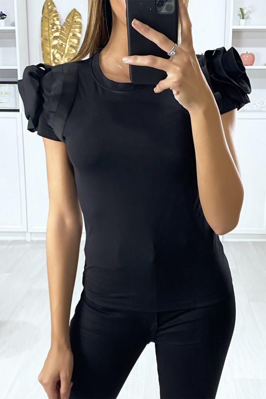 Black cotton t-shirt with flounce sleeves - 2
