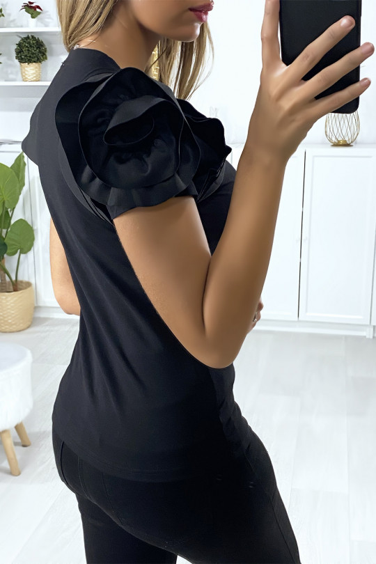 Black cotton t-shirt with flounce sleeves - 4
