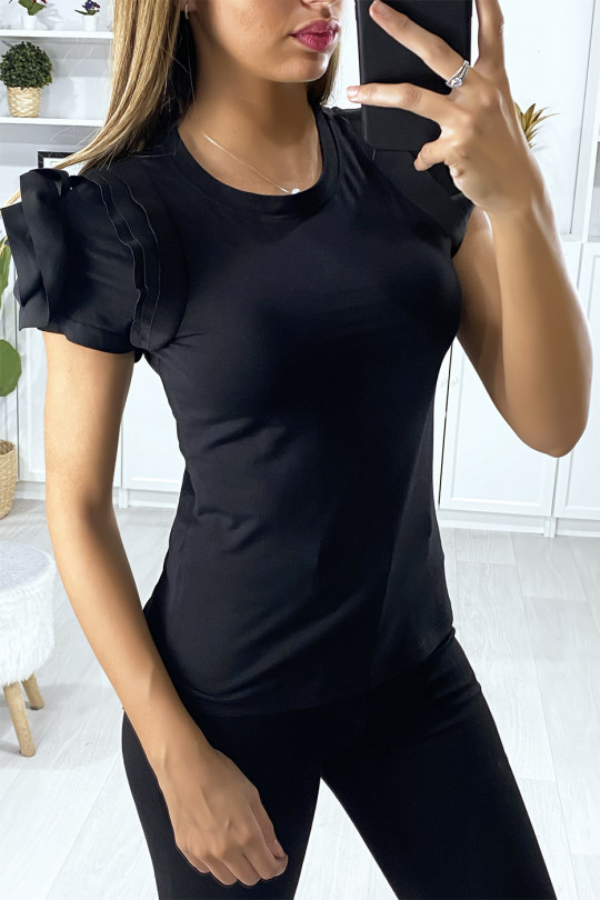 Black cotton t-shirt with flounce sleeves - 3