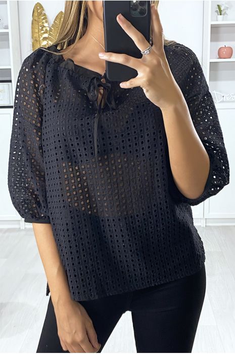 Black puffed sleeves boat neck blouse with holes - 1