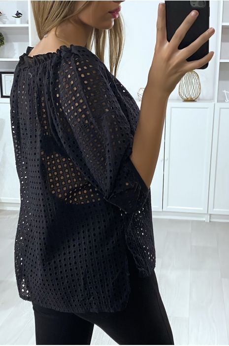 Black puffed sleeves boat neck blouse with holes - 5