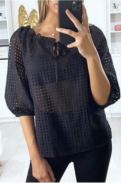 Black puffed sleeves boat neck blouse with holes - 4