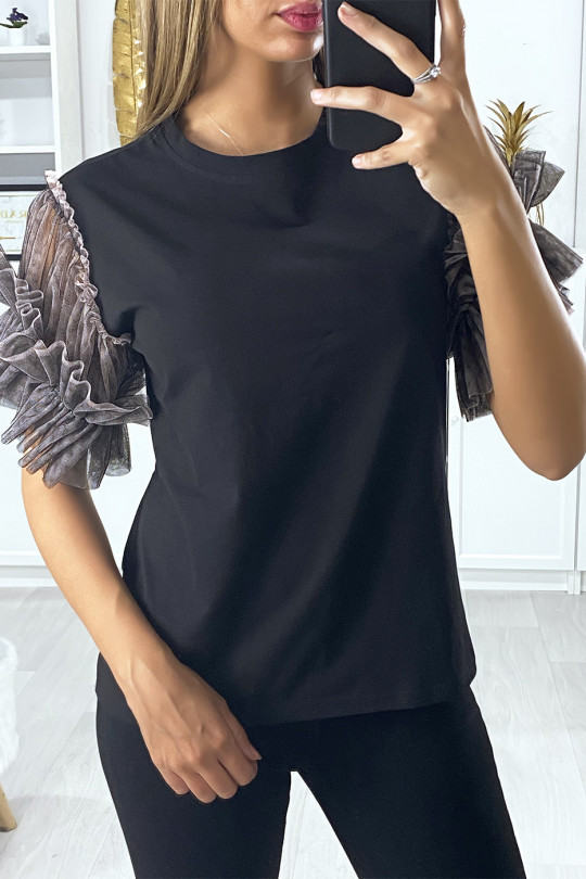 T-shirt noir avec manches en tulle taupe - 1
