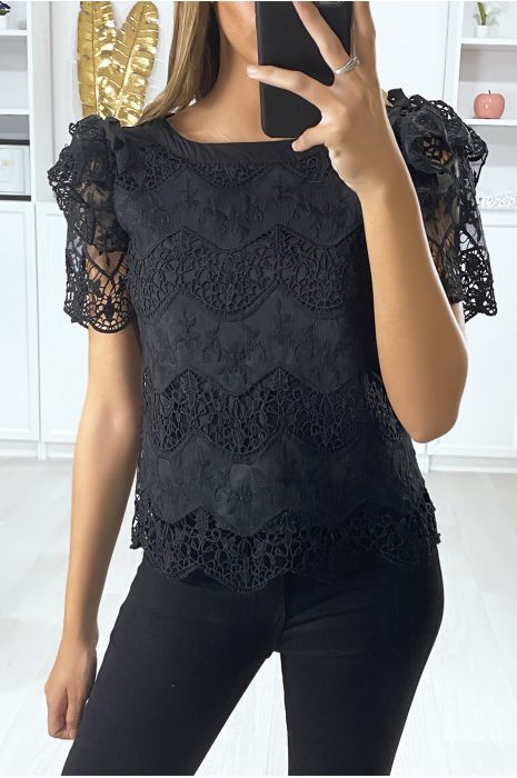 Zwarte kanten blouse met pofmouwen met ruches en strik - 3