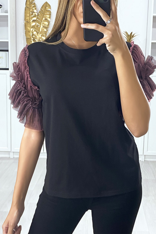 T-shirt noir avec manches en tulle lila