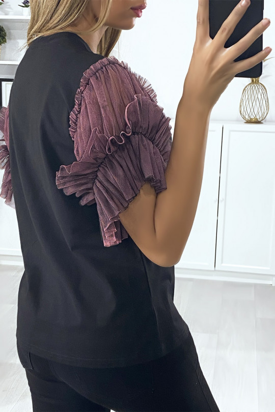 Zwart t-shirt met mouwen van lila tule - 5