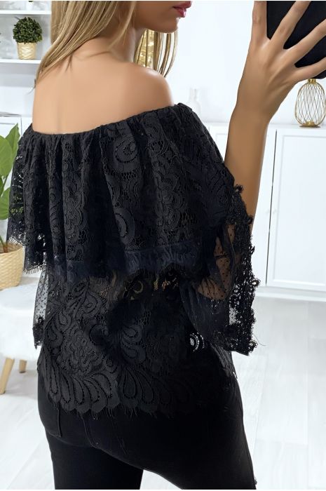 Blouse en dentelle noir col bateau à volant - 5