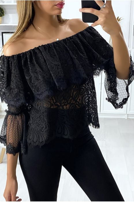 Blouse en dentelle noir col bateau à volant - 3