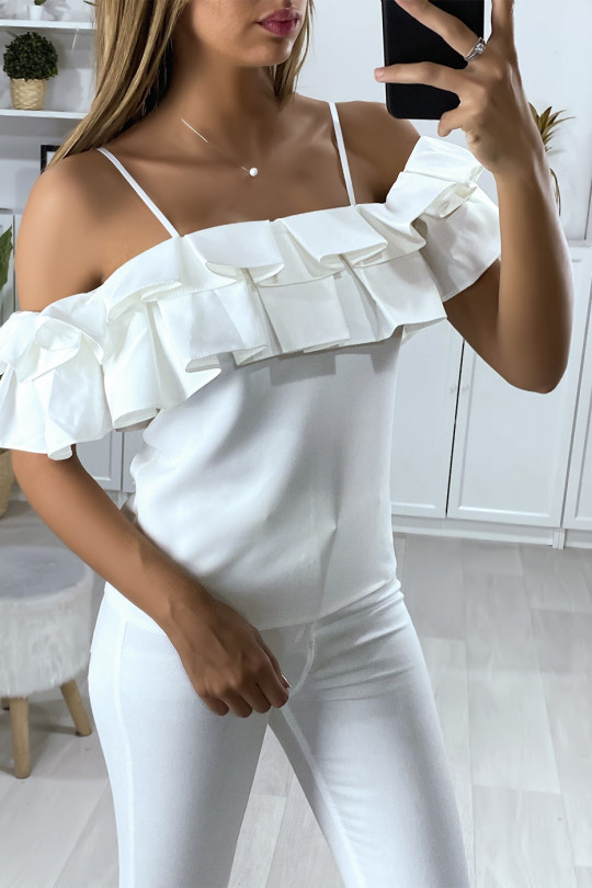 White boat neck blouse with pleat-shaped ruffle - 4