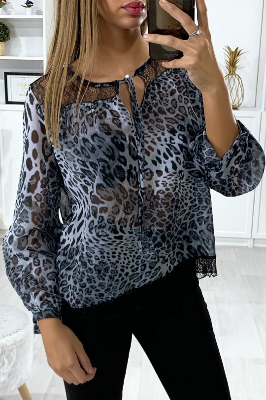 Gray leopard print blouse with lace at the bust - 2