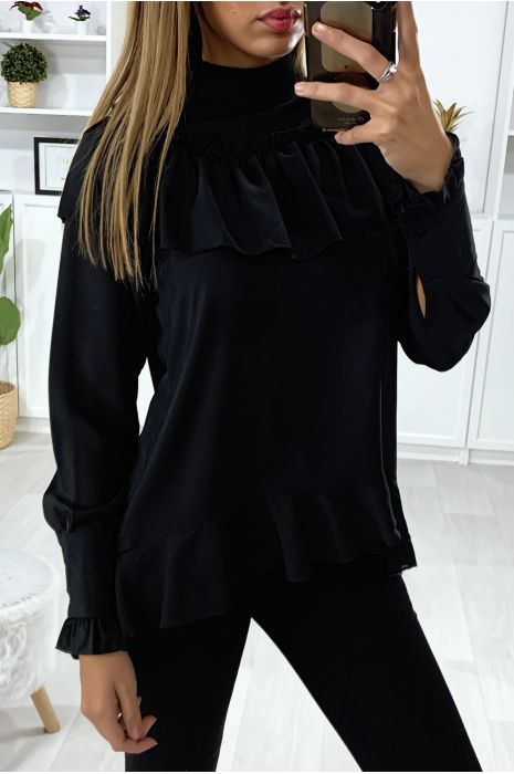 Blouse noir à volant avec noeud au col - 1
