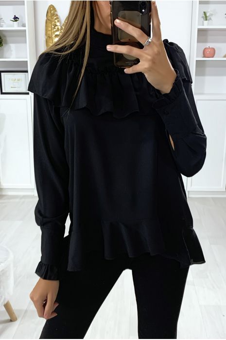 Zwarte blouse met ruche en strik bij de kraag - 2