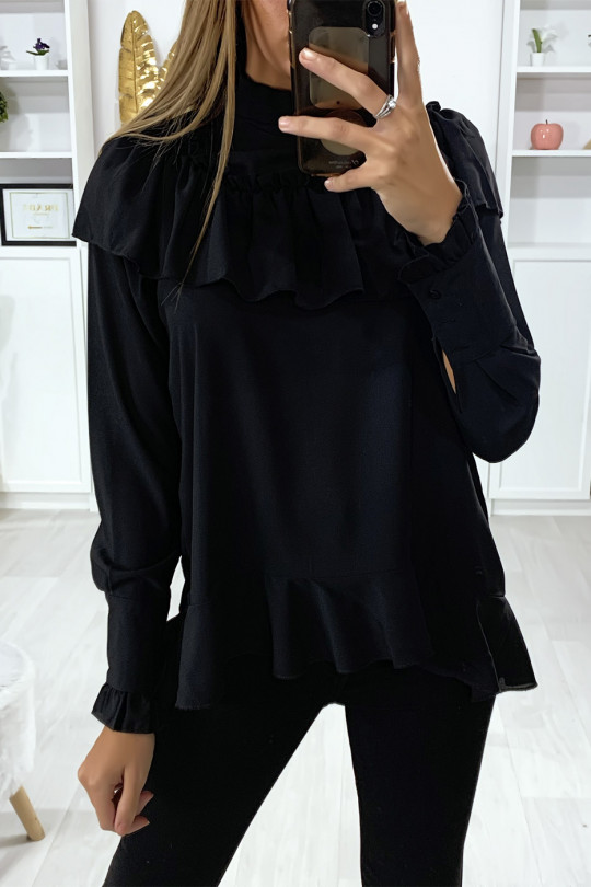 Black blouse with ruffle and bow at the collar - 2