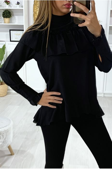 Blouse noir à volant avec noeud au col - 3
