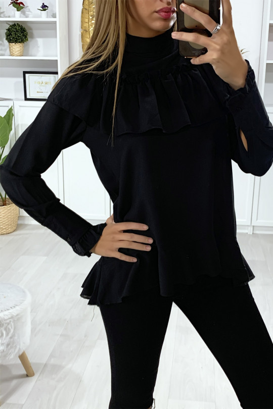 Black blouse with ruffle and bow at the collar - 3