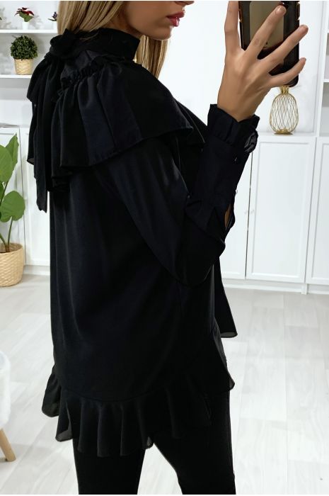 Black blouse with ruffle and bow at the collar - 5