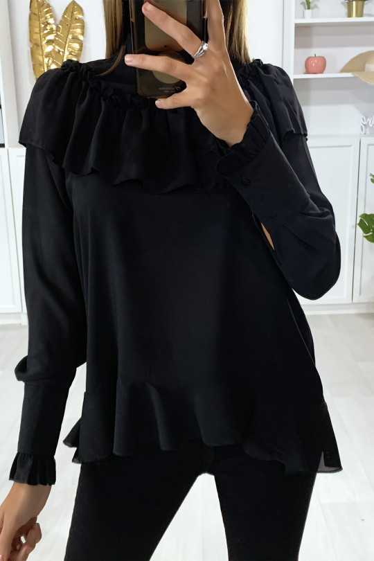 Black blouse with ruffle and bow at the collar - 4