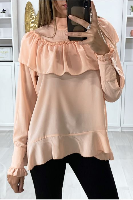 Blouse rose à volant avec noeud au col - 1