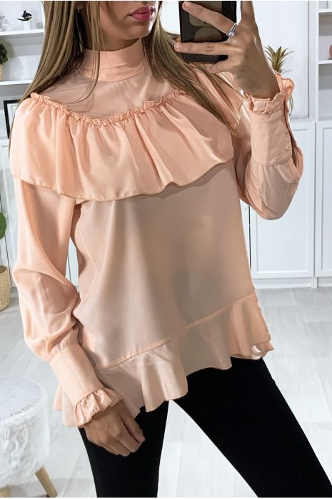Blouse rose à volant avec noeud au col - 3