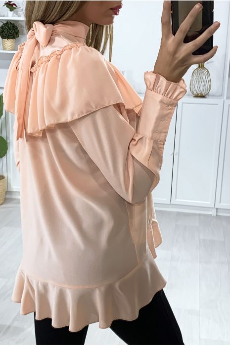 Blouse rose à volant avec noeud au col - 4