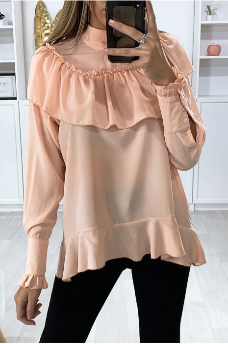 Blouse rose à volant avec noeud au col - 2