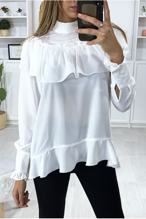 White blouse with ruffle and bow at the collar - 1
