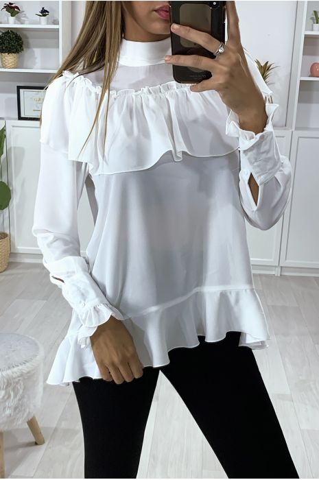 Blouse blanche à volant avec noeud au col - 2