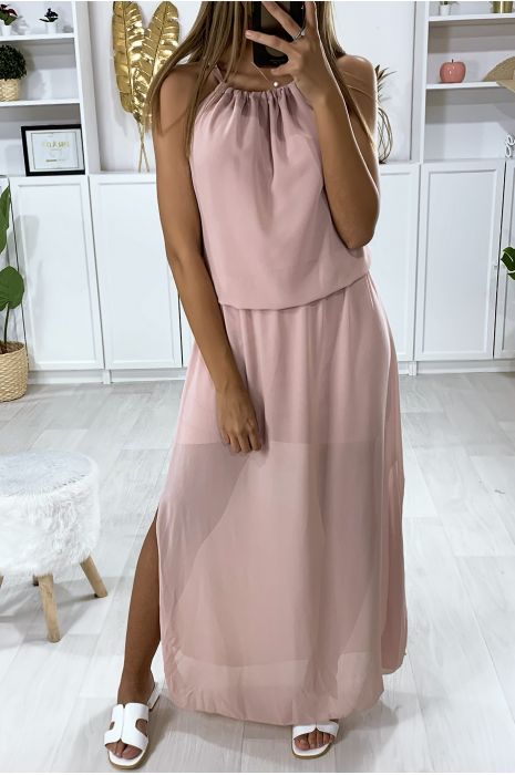 Robe rose ouvert au dos avec élastique à la taille et fente sur les cotés - 2