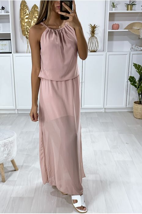 Robe rose ouvert au dos avec élastique à la taille et fente sur les cotés - 1