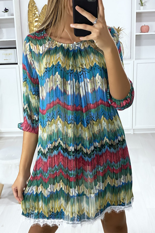 Colorful tunic dress in blue green with gold file and lace at the bottom - 1