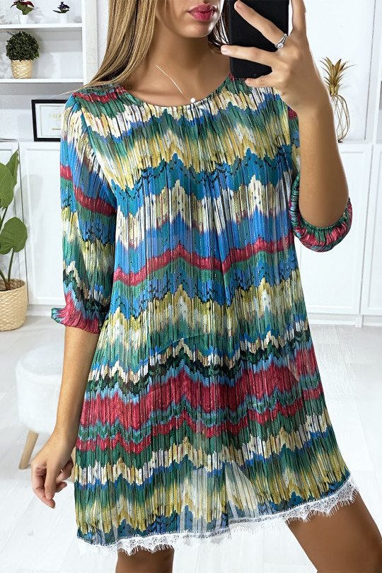 Colorful tunic dress in blue green with gold file and lace at the bottom - 2