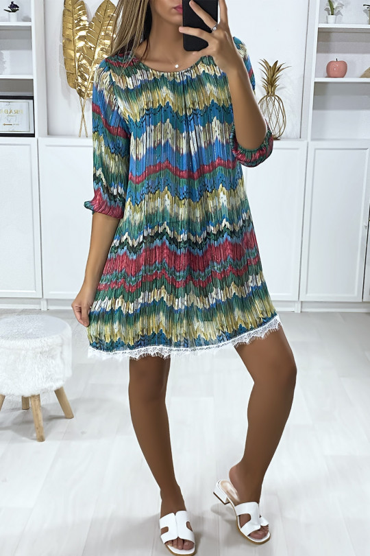 Colorful tunic dress in blue green with gold file and lace at the bottom - 3