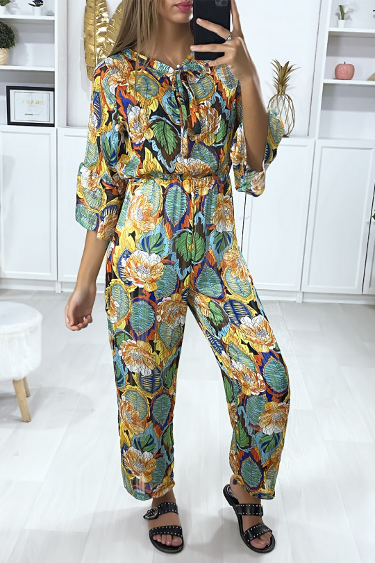 Mustard floral pattern jumpsuit with ruffle and gold thread - 1
