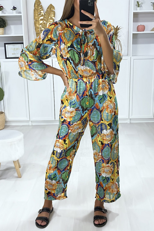 Mustard floral pattern jumpsuit with ruffle and gold thread - 2